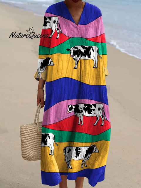 Women's Colorful Rippled Cow Art Print Dress