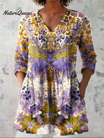 Women's Colorful Flower Art Print Casual Linen V-neck Shirt