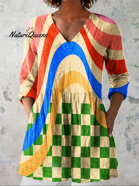 Women's Colorful Geometric Art Print Casual Linen V-neck Shirt