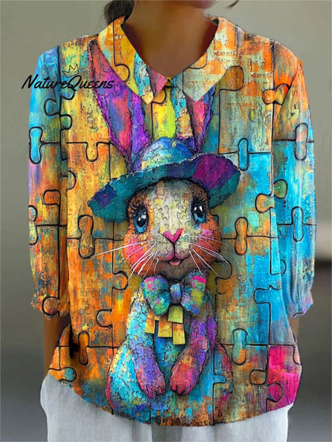 Women's Easter Bunny Colorful Art Print Casual Cotton And Linen 3/4 Sleeve Shirt