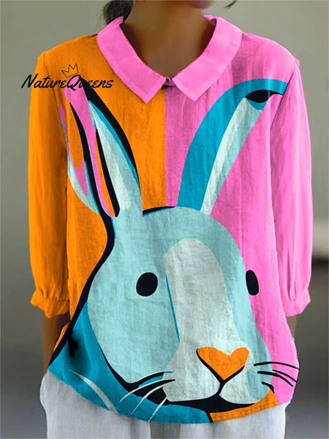 Women's Easter Bunny Colorful Art Print Casual Cotton And Linen 3/4 Sleeve Shirt