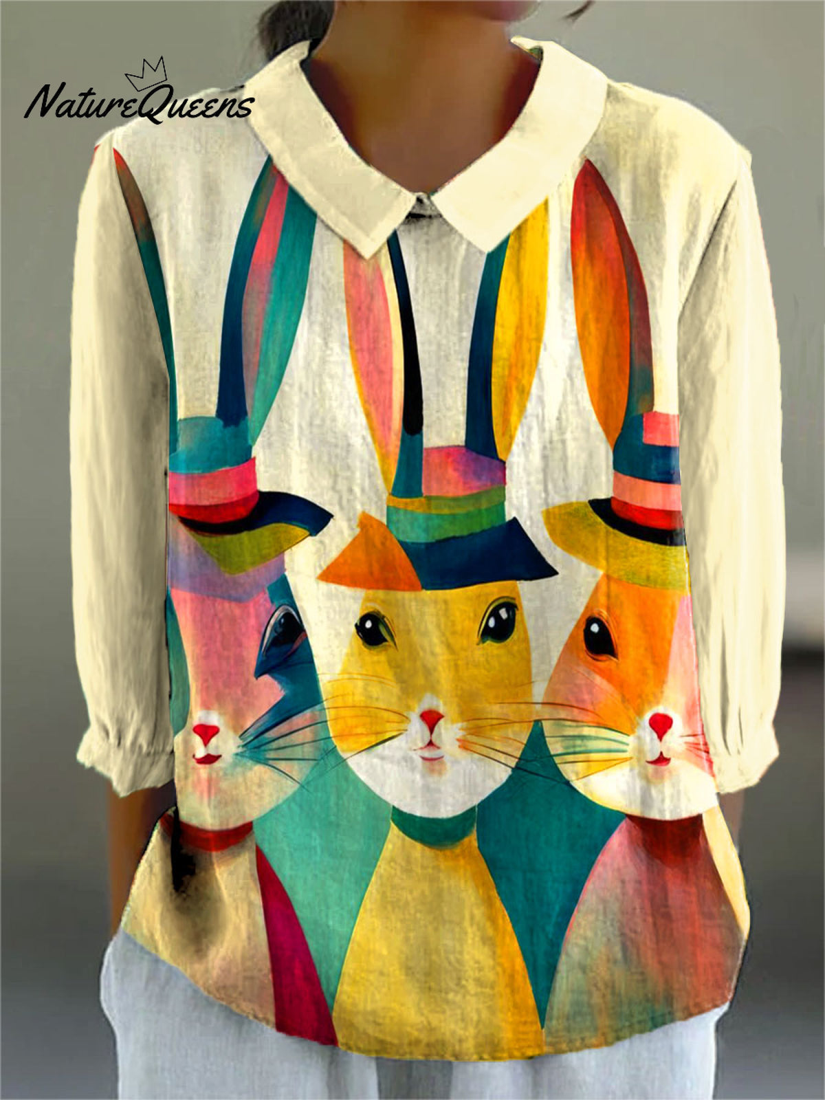 Women's Easter Bunny Colorful Art Print Casual Cotton And Linen 3/4 Sleeve Shirt