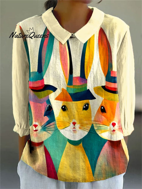 Women's Easter Bunny Colorful Art Print Casual Cotton And Linen 3/4 Sleeve Shirt