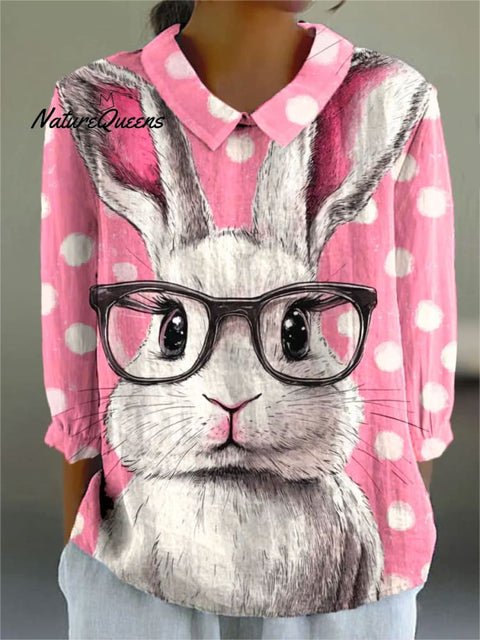 Women's Easter Bunny Colorful Art Print Casual Cotton And Linen 3/4 Sleeve Shirt