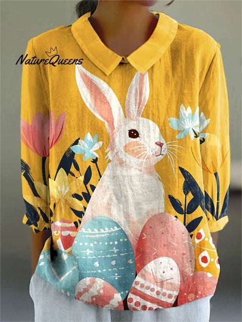 Women's Easter Bunny Colorful Art Print Casual Cotton And Linen 3/4 Sleeve Shirt