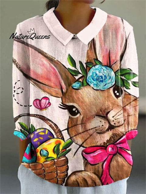 Women's Easter Bunny Colorful Art Print Casual Cotton And Linen 3/4 Sleeve Shirt