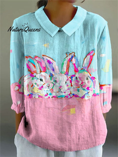 Women's Easter Bunny Colorful Art Print Casual Cotton And Linen 3/4 Sleeve Shirt