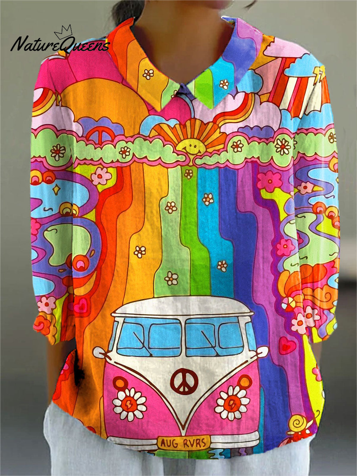 Women's Colorful Peace Love Art Print Casual Cotton And Linen 3/4 Sleeve Shirt