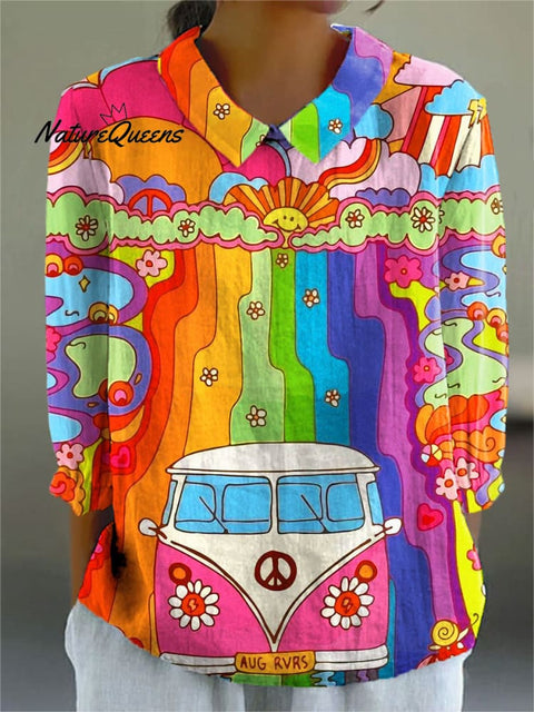 Women's Colorful Peace Love Art Print Casual Cotton And Linen 3/4 Sleeve Shirt