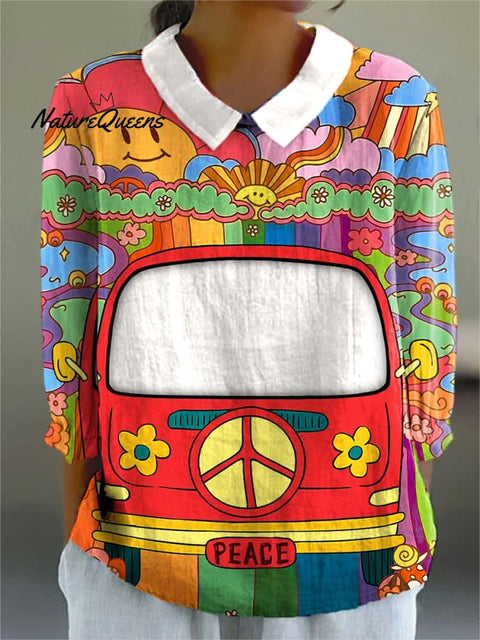 Women's Colorful Peace Love Art Print Casual Cotton And Linen 3/4 Sleeve Shirt