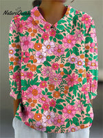 Women's Colorful Abstract Flower Art Print Casual Cotton And Linen 3/4 Sleeve Shirt