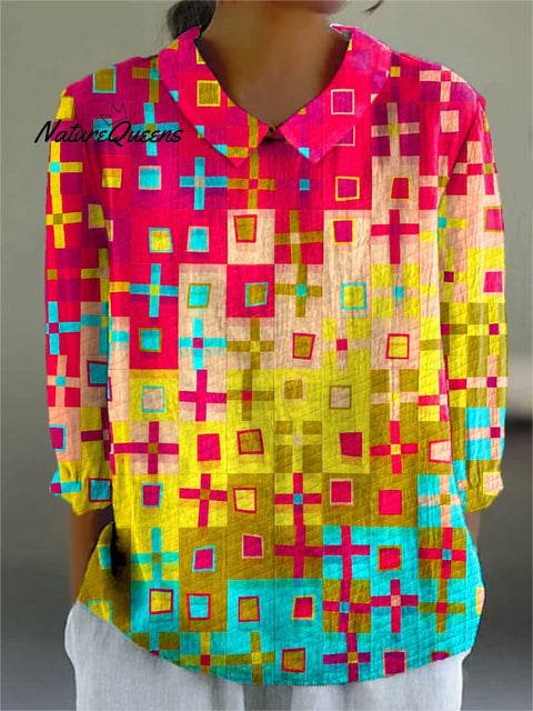 Women's Colorful Geometric Art Print Casual Cotton And Linen 3/4 Sleeve Shirt