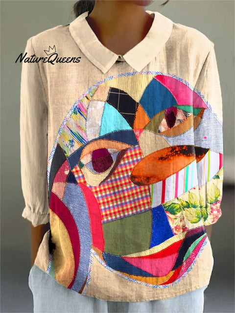 Women's Colorful Mosaic Art Print Casual Cotton And Linen 3/4 Sleeve Shirt