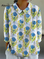 Women's Colorful Flower Art Print Casual Cotton And Linen 3/4 Sleeve Shirt
