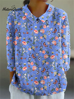 Women's Colorful Flower Art Print Casual Cotton And Linen 3/4 Sleeve Shirt
