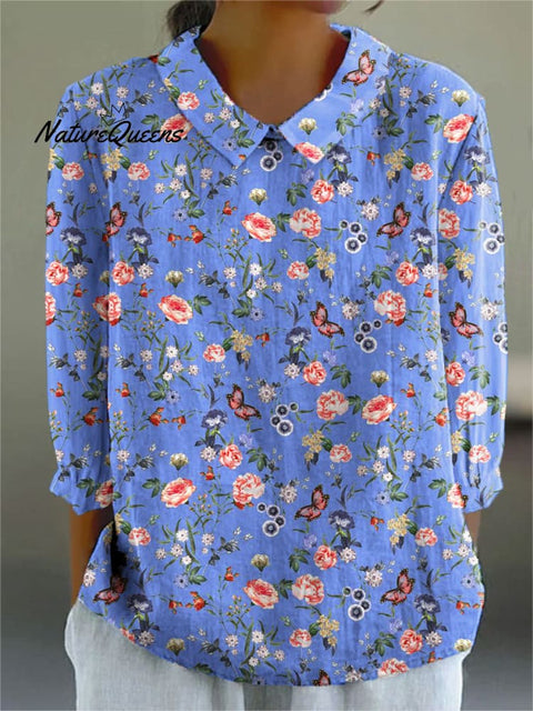 Women's Colorful Flower Art Print Casual Cotton And Linen 3/4 Sleeve Shirt