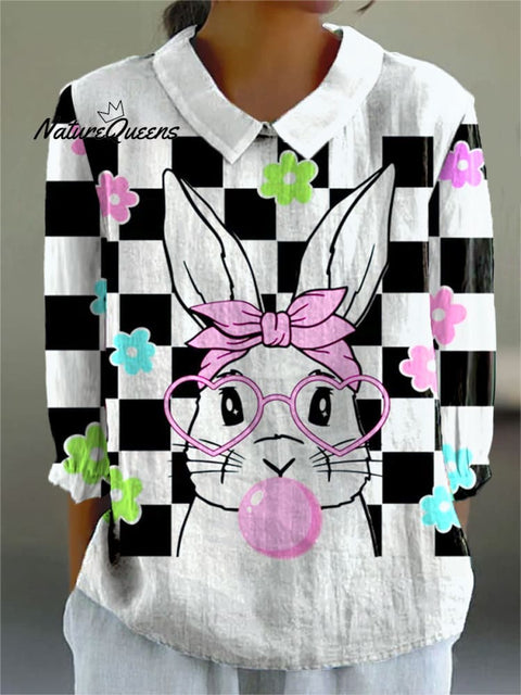 Women's Easter Plaid Cute Bunny Art Print Casual Cotton And Linen 3/4 Sleeve Shirt