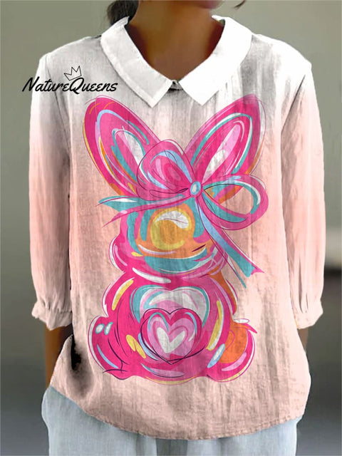 Women's Easter Cute Bunny Art Print Casual Cotton And Linen 3/4 Sleeve Shirt