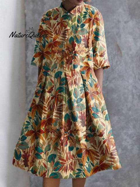 Women's Colorful Flower Art Print Pocket Cotton Dress
