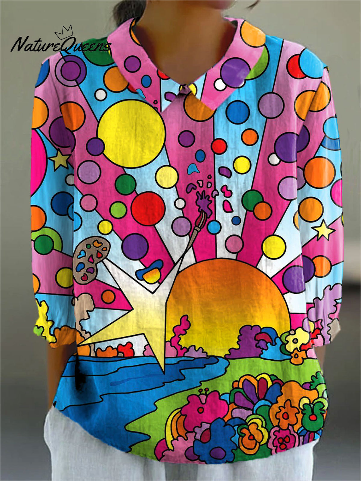 Women's Colorful Abstract Sun Art Print Casual Cotton And Linen 3/4 Sleeve Shirt