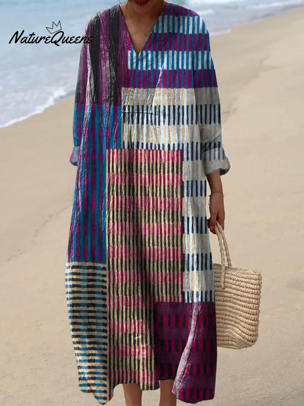 Women's Retro Abstract Stripe Color Block Art Print Dress