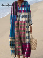Women's Retro Abstract Stripe Color Block Art Print Dress