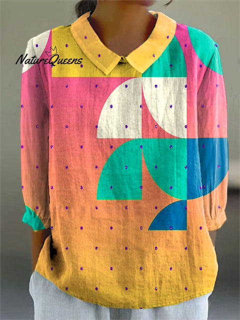 Women's Colorful Geometric Abstract Broken Diamond Art Print Casual Cotton And Linen 3/4 Sleeve Shirt