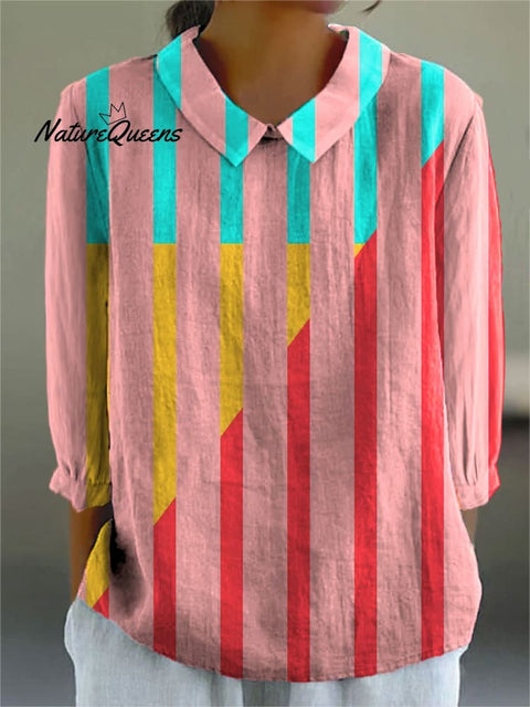 Women's Colorful Geometric Stripe Art Print Casual Cotton And Linen 3/4 Sleeve Shirt