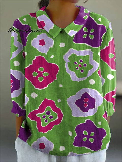 Women's Colorful Abstract Flower Art Print Casual Cotton And Linen 3/4 Sleeve Shirt