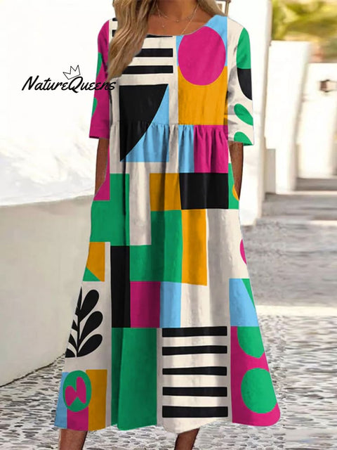 Women's Colorful Geometric Abstract Art Print Pocket Cotton Dress