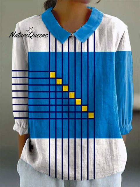 Women's Simple Color Block Stripe Art Print Casual Cotton And Linen 3/4 Sleeve Shirt