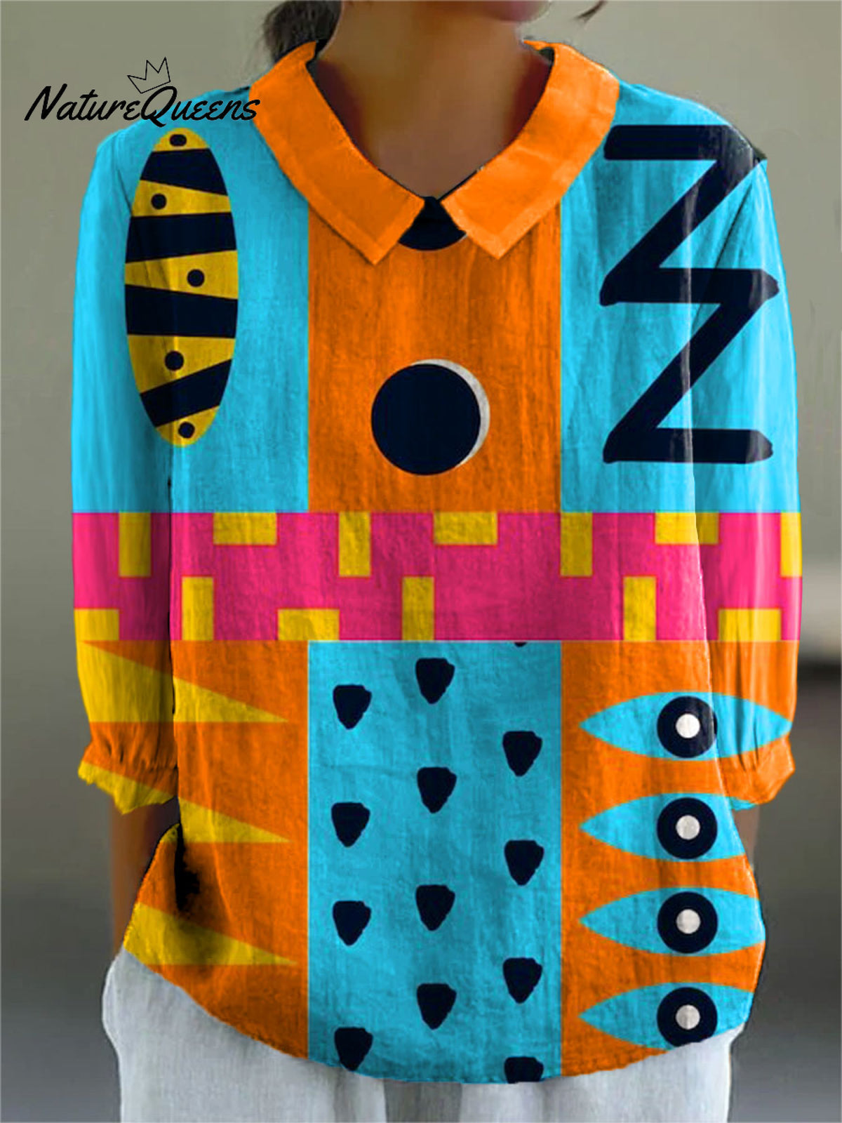 Women's Simple Abstract Geometric Art Print Casual Cotton And Linen 3/4 Sleeve Shirt