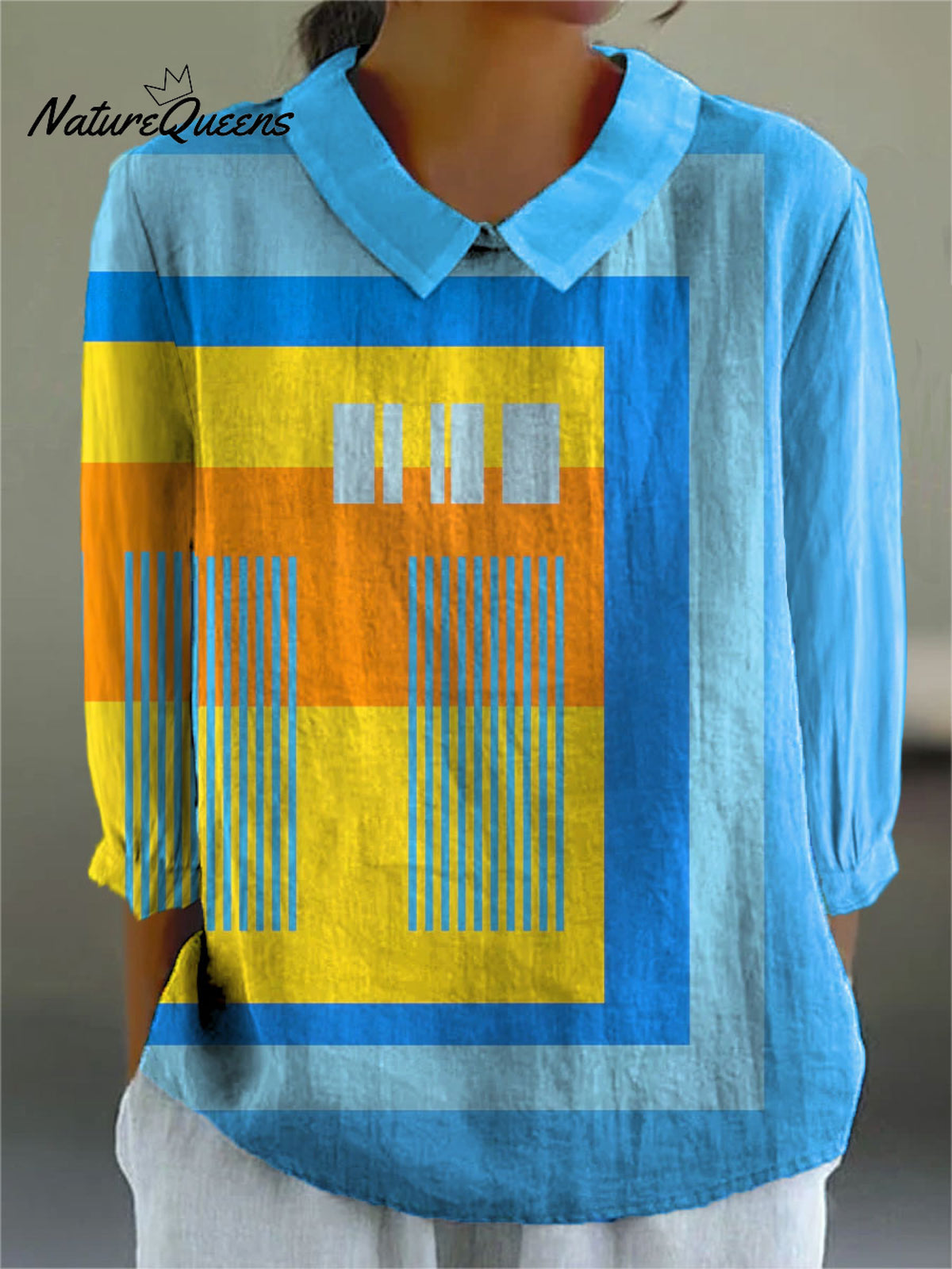 Women's Simple Abstract Geometric Art Print Casual Cotton And Linen 3/4 Sleeve Shirt