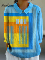 Women's Simple Abstract Geometric Art Print Casual Cotton And Linen 3/4 Sleeve Shirt