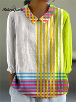 Women's Simple Colorful Stripe Art Print Casual Cotton And Linen 3/4 Sleeve Shirt