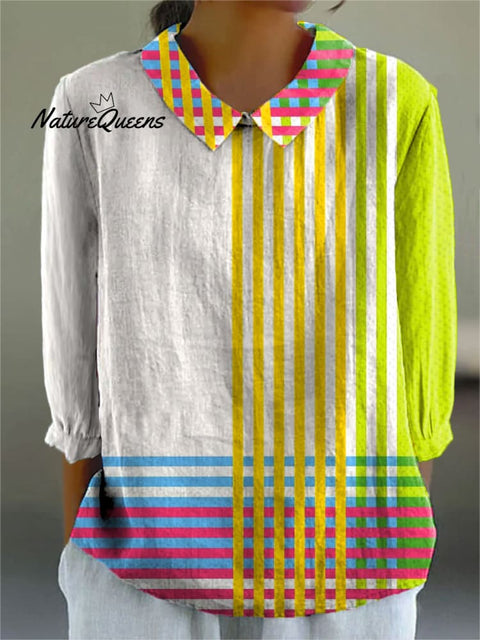 Women's Simple Colorful Stripe Art Print Casual Cotton And Linen 3/4 Sleeve Shirt