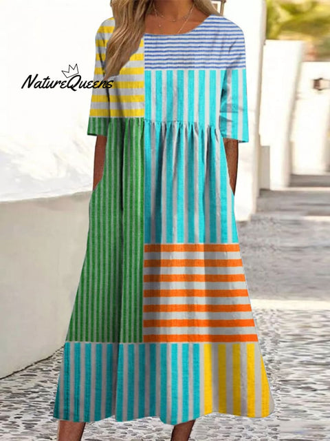 Women's Color Stripe Art Print Pocket Cotton Dress