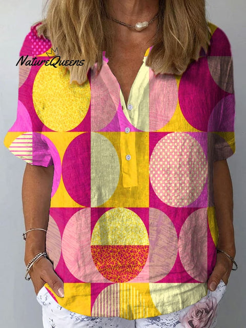 Women's Colorful Geometric Block Art Print Casual Cotton And Linen Shirt