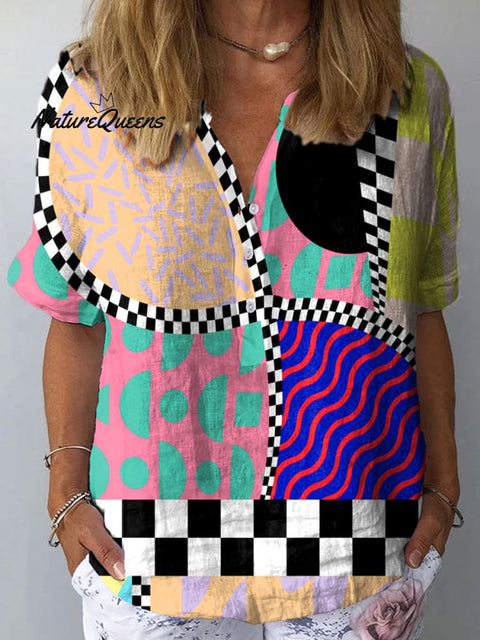 Women's Bright Colorful Abstract Geometric Art Print Casual Cotton And Linen Shirt