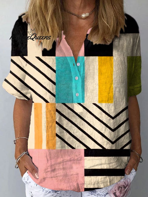 Women's Colorful Geometric Block Art Print Casual Cotton And Linen Shirt