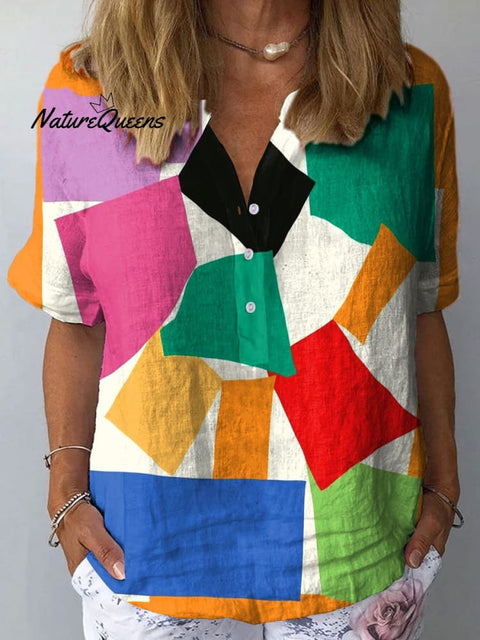 Women's Colorful Geometric Block Art Print Casual Cotton And Linen Shirt