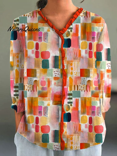 Women's Colorful Abstract Geometric Square Art Print Casual Cotton And Linen 3/4 Sleeve Shirt