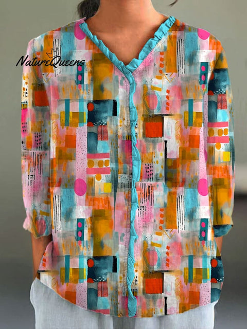 Women's Colorful Abstract Geometric Square Art Print Casual Cotton And Linen 3/4 Sleeve Shirt