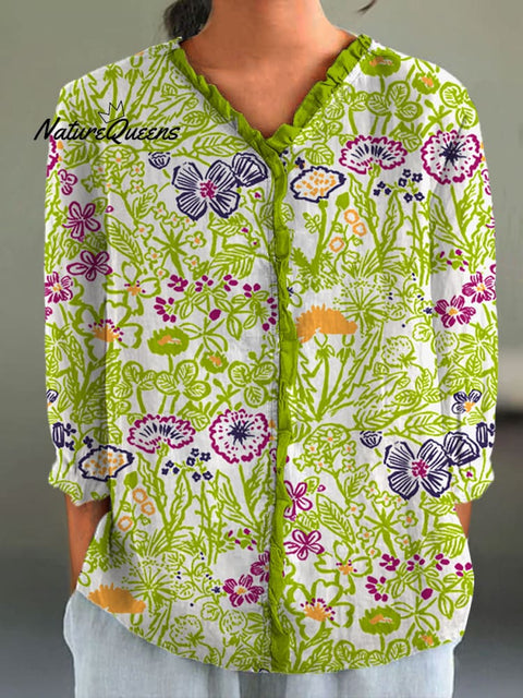 Women's Bright Flower Art Print Casual Cotton And Linen 3/4 Sleeve Shirt