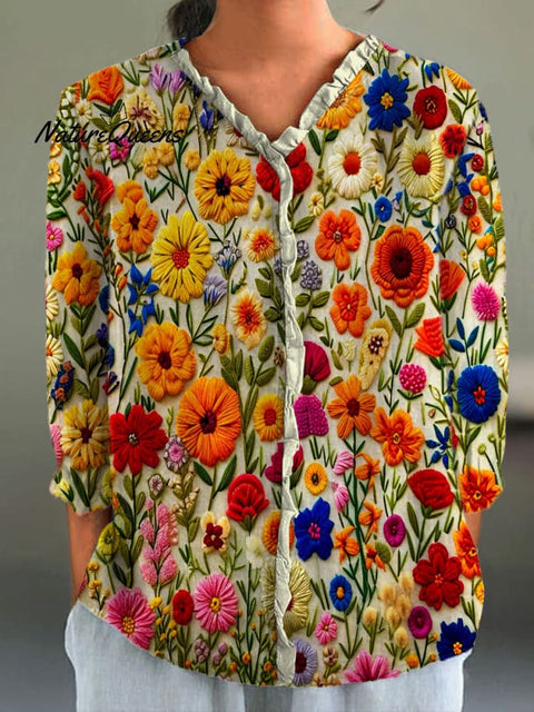 Women's Colorful Flower Art Print Casual Cotton And Linen 3/4 Sleeve Shirt