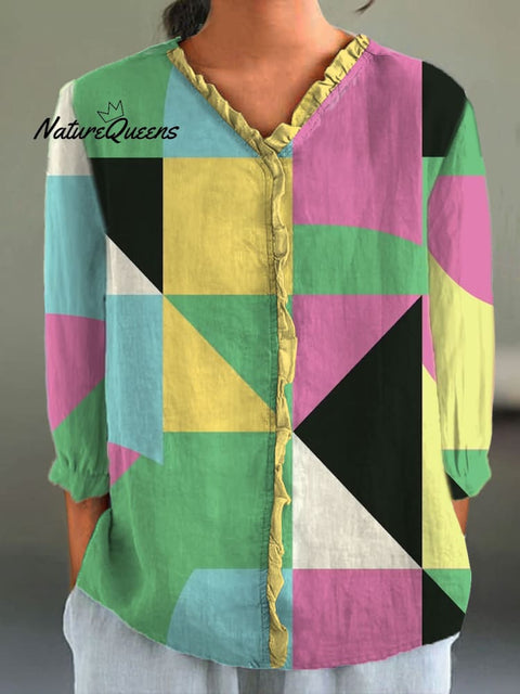 Women's Colorful Geometric Triangle Art Print Casual Cotton And Linen 3/4 Sleeve Shirt