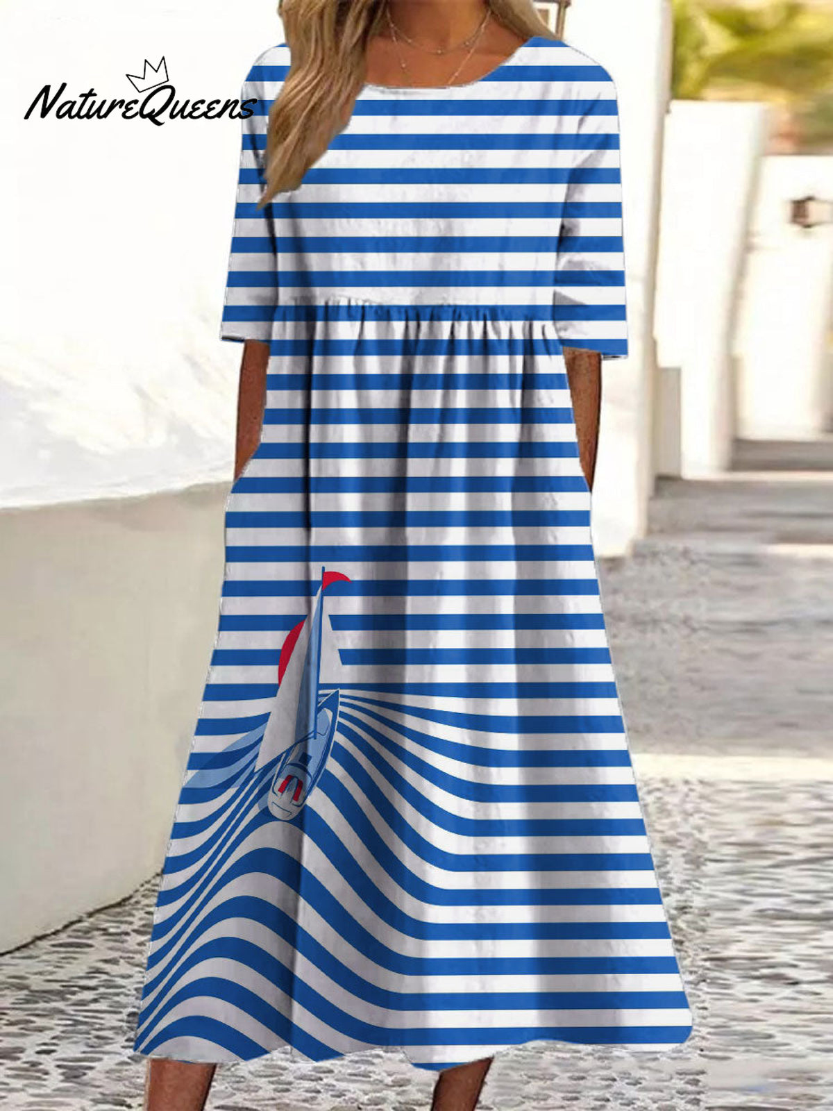 Women's Colorful Striped Sailboat Art Print Pocket Cotton Dress