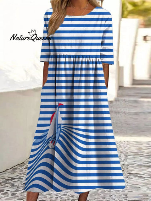 Women's Colorful Striped Sailboat Art Print Pocket Cotton Dress