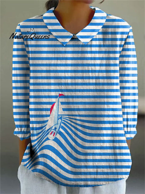 Women's Colorful Striped Sailboat Art Print Casual Cotton And Linen 3/4 Sleeve Shirt