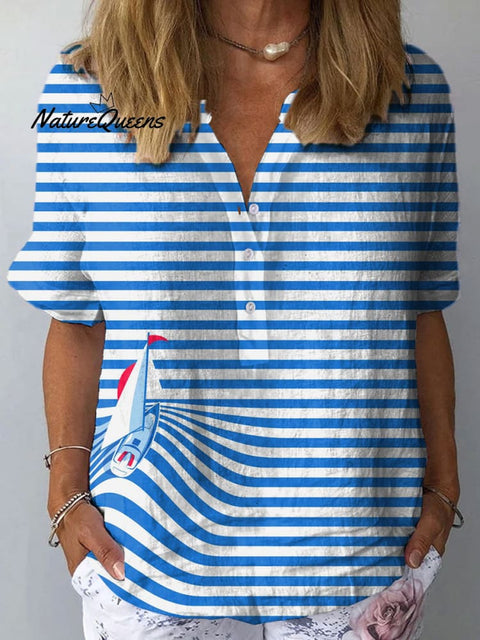 Women's Colorful Striped Sailboat Art Print Casual Cotton And Linen Shirt